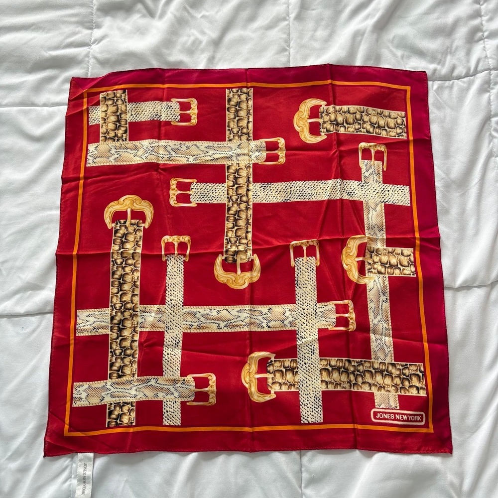 Vintage Jones New York Red 100% Silk Square Scarf Belt Buckle Print 21x21 Luxury